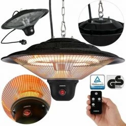 AREBOS Chauffage Infrarouge Plafond | Radiateur électrique Suspendu | | 3 Réglages De Chaleur 500W / 1000W / 1500W | Télécommande | Chaleur à 360° | Technologie Anti-reflet | Matériel Incl. | Noir - Noir