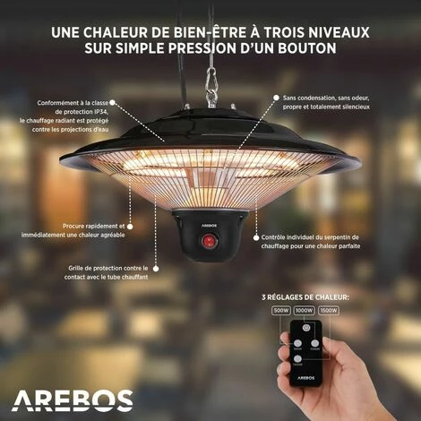 AREBOS Chauffage Infrarouge Plafond | Radiateur électrique Suspendu | | 3 Réglages De Chaleur 500W / 1000W / 1500W | Télécommande | Chaleur à 360° | Technologie Anti-reflet | Matériel Incl. | Noir - Noir 5 AREBOS Chauffage Infrarouge Plafond | Radiateur électrique Suspendu | | 3 Réglages De Chaleur 500W / 1000W / 1500W | Télécommande | Chaleur à 360° | Technologie Anti-reflet | Matériel Incl. | Noir - Noir – Image 3