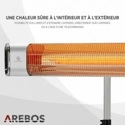AREBOS Chauffage Radiant Infrarouge 2000 W | Radiateur électrique | Télécommande | Avec Support | Réglable En Hauteur | Inclinaison 60° | 2 Réglages | Murale | Intérieure Et Extérieure | Argenté -Chauffage d'extérieur Soldes 41826682 5