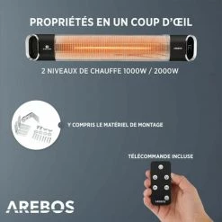 AREBOS Chauffage Radiant Infrarouge 2000 W | Radiateur électrique| Télécommande | 2 Puissances | Inclinaison De 60° | Matériel De Fixation | Murale | Noir - Noir 9 AREBOS Chauffage Radiant Infrarouge 2000 W | Radiateur électrique| Télécommande | 2 Puissances | Inclinaison De 60° | Matériel De Fixation | Murale | Noir - Noir -Chauffage d'extérieur Soldes 41826684 3