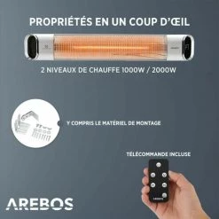 AREBOS Chauffage Radiant Infrarouge | Radiateur électrique | 2000 W| Télécommande | 2 Niveaux De Chaleur | Inclinasion 60° | Matériel De Fixation | Murale | Affichage LED | Argenté - Argent 9 AREBOS Chauffage Radiant Infrarouge | Radiateur électrique | 2000 W| Télécommande | 2 Niveaux De Chaleur | Inclinasion 60° | Matériel De Fixation | Murale | Affichage LED | Argenté - Argent -Chauffage d'extérieur Soldes 41828853 3