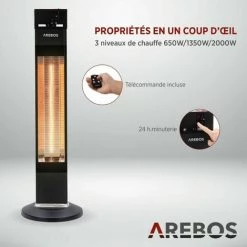 AREBOS Radiateur Infrarouge Sur Pied 2000 W | Avec Télécommande | Indice De Protection IP34 | Technologie Low Glare | 3 Niveaux De Chauffage | Noir - Noir -Chauffage d'extérieur Soldes 42224785 4