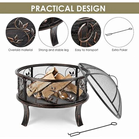 Gizcam Brasero De Jardin, 71x71x65cm, 27 '' Cheminée Exterieur, Grille Poker Et Charbon De Bois, Pour Chauffage / Barbecue, Bol à Feu Pour Le Jardin, Terrasse Et Plage, Motif De Fleurs Et Herbe 5 Gizcam Brasero De Jardin, 71x71x65cm, 27 '' Cheminée Exterieur, Grille Poker Et Charbon De Bois, Pour Chauffage / Barbecue, Bol à Feu Pour Le Jardin, Terrasse Et Plage, Motif De Fleurs Et Herbe – Image 3