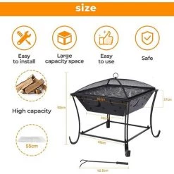 Gizcam Brasero De Jardin, Foyer Extérieur, Brasero Exterieur, Avec Filet Grillé & Couverture En Treillis Lgnifuge &Tisonnier, Foyer De Chauffage/ Barbecue, 62*61*61 Cm,pour Jardin, Terrasse, Patio -Chauffage d'extérieur Soldes 42694277 3