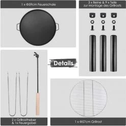 PEDY Brasero Chauffage Extérieur Ø 59 Cm BBQ Brasero Pour Jardin Et Camping Avec Grille, Poignées Et Fourchette à Feu, Pieds Détachable, Facile à Installer Et Transporter, 68x59x28.5cm -Chauffage d'extérieur Soldes 42833358 4