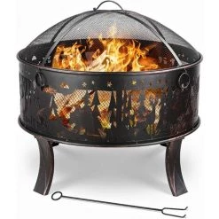PEDY Brasero De Jardin, 69x69x65cm, 27 '' Cheminée Exterieur, Grille Poker Et Charbon De Bois, Pour Chauffage / Barbecue, Bol à Feu Pour Le Jardin, Terrasse Et Plage, Motif D'Elan, Grand Cadeau