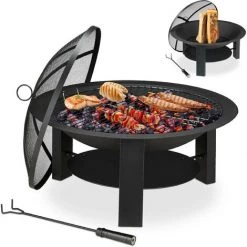 Relaxdays Brasero De Jardin, Fonte De Fer, D 74 Cm, Grille, Protection étincelles, Bouclier Thermique, Tisonnier, Noir