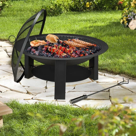Relaxdays Brasero De Jardin, Fonte De Fer, D 74 Cm, Grille, Protection étincelles, Bouclier Thermique, Tisonnier, Noir 4 Relaxdays Brasero De Jardin, Fonte De Fer, D 74 Cm, Grille, Protection étincelles, Bouclier Thermique, Tisonnier, Noir – Image 2