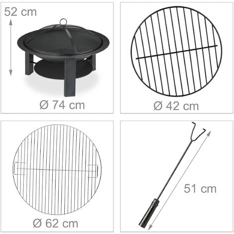 Relaxdays Brasero De Jardin, Fonte De Fer, D 74 Cm, Grille, Protection étincelles, Bouclier Thermique, Tisonnier, Noir 6 Relaxdays Brasero De Jardin, Fonte De Fer, D 74 Cm, Grille, Protection étincelles, Bouclier Thermique, Tisonnier, Noir – Image 4