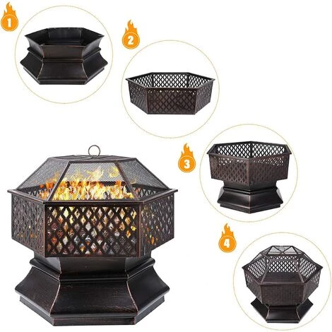 BAMNY Foyer Extérieur Hexagonal Brasero De Jardin En Acier Brasero Exterieur 26 '' Avec Couverture En Treillis Ignifuge Foyer De Chauffage/ Barbecue Pour Jardin, Terrasse, Patio, Arrière-Cour, Piscine 6 BAMNY Foyer Extérieur Hexagonal Brasero De Jardin En Acier Brasero Exterieur 26 '' Avec Couverture En Treillis Ignifuge Foyer De Chauffage/ Barbecue Pour Jardin, Terrasse, Patio, Arrière-Cour, Piscine – Image 4