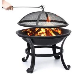 AUGIENB Brasero Exterieur BBQ Rond Avec Couvercle + Grille + Baton