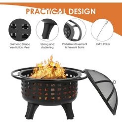 AICOK Brasero Exterieur 79*79*57cm, Brasero De Jardin, Foyer De Barbecue/Chauffage, Terrasse BBQ, Brasero Barbecue, Avec Grill,Fourchette à Feu,Couvercle De Protection Contre Les Étincelles, Fête/Patio/Camp -Chauffage d'extérieur Soldes 46223132 4