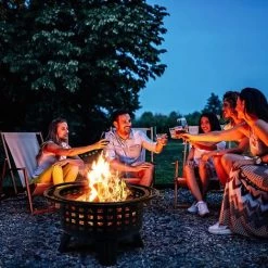 Homfa Braséro De Jardin 79*79*57cm Pare étincelles Grille Fonte Avec Grill,Fourchette à Feu,Couvercle De Protection Contre Les Étincelles, Fête/Patio/Camp