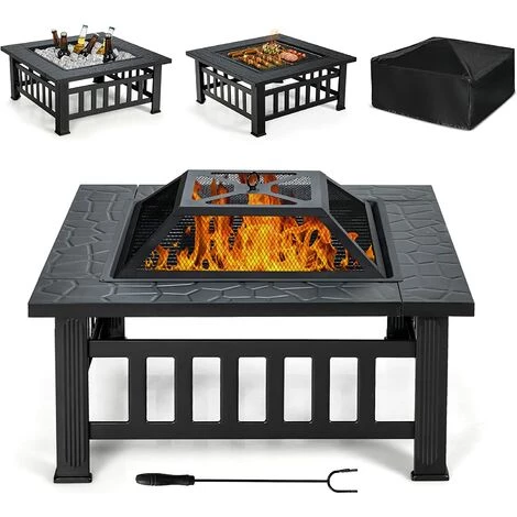 COSTWAY Brasero Jardin Multifonctions 81 X 81 X 50 Cm Avec Pare-étincelles,Grille Porte-bûches,Gril Pour BBQ Tisonnier En Acier Noir 3 COSTWAY Brasero Jardin Multifonctions 81 X 81 X 50 Cm Avec Pare-étincelles,Grille Porte-bûches,Gril Pour BBQ Tisonnier En Acier Noir