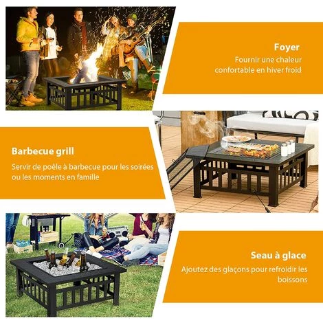 COSTWAY Brasero Jardin Multifonctions 81 X 81 X 50 Cm Avec Pare-étincelles,Grille Porte-bûches,Gril Pour BBQ Tisonnier En Acier Noir 4 COSTWAY Brasero Jardin Multifonctions 81 X 81 X 50 Cm Avec Pare-étincelles,Grille Porte-bûches,Gril Pour BBQ Tisonnier En Acier Noir – Image 2