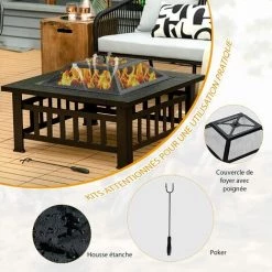 COSTWAY Brasero Jardin Multifonctions 81 X 81 X 50 Cm Avec Pare-étincelles,Grille Porte-bûches,Gril Pour BBQ Tisonnier En Acier Noir 9 COSTWAY Brasero Jardin Multifonctions 81 X 81 X 50 Cm Avec Pare-étincelles,Grille Porte-bûches,Gril Pour BBQ Tisonnier En Acier Noir -Chauffage d'extérieur Soldes 49285592 3