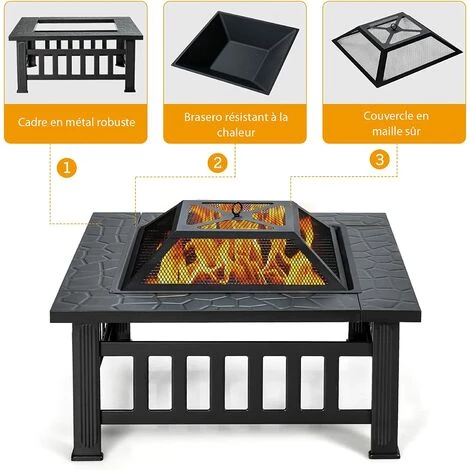 COSTWAY Brasero Jardin Multifonctions 81 X 81 X 50 Cm Avec Pare-étincelles,Grille Porte-bûches,Gril Pour BBQ Tisonnier En Acier Noir 6 COSTWAY Brasero Jardin Multifonctions 81 X 81 X 50 Cm Avec Pare-étincelles,Grille Porte-bûches,Gril Pour BBQ Tisonnier En Acier Noir – Image 4