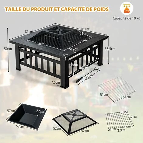 COSTWAY Brasero Jardin Multifonctions 81 X 81 X 50 Cm Avec Pare-étincelles,Grille Porte-bûches,Gril Pour BBQ Tisonnier En Acier Noir 7 COSTWAY Brasero Jardin Multifonctions 81 X 81 X 50 Cm Avec Pare-étincelles,Grille Porte-bûches,Gril Pour BBQ Tisonnier En Acier Noir – Image 5