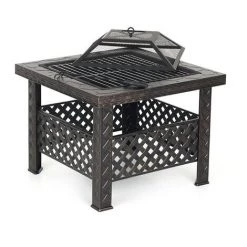 IKayaa Metal Garden Backyard Fire Pit Patio Carré Foyer Poêle Brasero Cheminée Extérieure Avec Couvercle De Foyer & Poker + Barbecue Grill