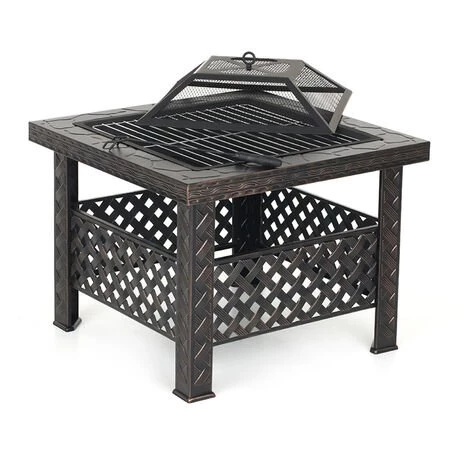 IKayaa Metal Garden Backyard Fire Pit Patio Carré Foyer Poêle Brasero Cheminée Extérieure Avec Couvercle De Foyer & Poker + Barbecue Grill 3 IKayaa Metal Garden Backyard Fire Pit Patio Carré Foyer Poêle Brasero Cheminée Extérieure Avec Couvercle De Foyer & Poker + Barbecue Grill