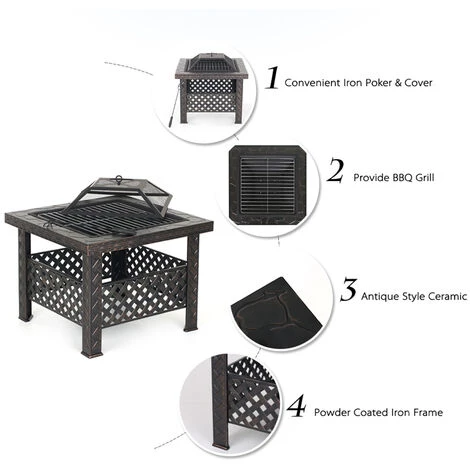 IKayaa Metal Garden Backyard Fire Pit Patio Carré Foyer Poêle Brasero Cheminée Extérieure Avec Couvercle De Foyer & Poker + Barbecue Grill 4 IKayaa Metal Garden Backyard Fire Pit Patio Carré Foyer Poêle Brasero Cheminée Extérieure Avec Couvercle De Foyer & Poker + Barbecue Grill – Image 2