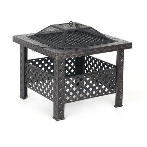 IKayaa Metal Garden Backyard Fire Pit Patio Carré Foyer Poêle Brasero Cheminée Extérieure Avec Couvercle De Foyer & Poker + Barbecue Grill 7 IKayaa Metal Garden Backyard Fire Pit Patio Carré Foyer Poêle Brasero Cheminée Extérieure Avec Couvercle De Foyer & Poker + Barbecue Grill – Image 5