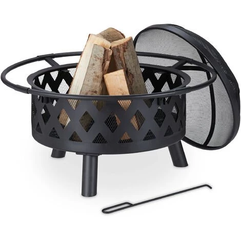 Relaxdays Brasero De Jardin, Vasque, Bac Feu Avec Pare-étincelles Et Tisonnier, HxD 53 X 76 Cm, Acier, Rond, Noir 3 Relaxdays Brasero De Jardin, Vasque, Bac Feu Avec Pare-étincelles Et Tisonnier, HxD 53 X 76 Cm, Acier, Rond, Noir