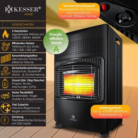 KESSER® Chauffage à Gaz En Céramique 4 200 watts Avec Régulateur De Pression, Tuyau De Gaz | Cheminée Au Gaz | Appareil De Chauffage à Gaz | Brûleur Céramique Infrarouge | Puissance Thermique, Bouteilles De Butane Ou De Propane Jusqu’à 15kg, Le Noir 4 KESSER® Chauffage à Gaz En Céramique 4 200 watts Avec Régulateur De Pression, Tuyau De Gaz | Cheminée Au Gaz | Appareil De Chauffage à Gaz | Brûleur Céramique Infrarouge | Puissance Thermique, Bouteilles De Butane Ou De Propane Jusqu’à 15kg, Le Noir – Image 2