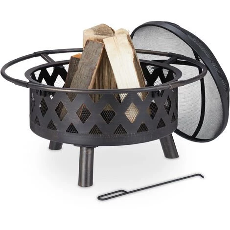 Relaxdays Brasero De Jardin, Bac Feu Avec Pare-étincelles Et Tisonnier, HxD 53 X 76 Cm, Acier, Vasque Antique, Bronze 3 Relaxdays Brasero De Jardin, Bac Feu Avec Pare-étincelles Et Tisonnier, HxD 53 X 76 Cm, Acier, Vasque Antique, Bronze