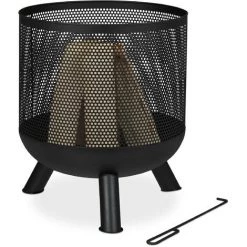 Relaxdays Braséro, Design Maille, Grille De Foyer, Tisonnier, Foyer De Jardin, Barbecue, Acier, H X D : 53 X 44 Cm, Noir