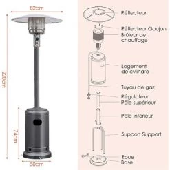 COSTWAY Parasol Chauffage Extérieur à Gaz 13KW Réflecteur 82cm Avec Dispositif De Anti-basculement Tube 2 Roues Fluide 220cm Argenté 10 COSTWAY Parasol Chauffage Extérieur à Gaz 13KW Réflecteur 82cm Avec Dispositif De Anti-basculement Tube 2 Roues Fluide 220cm Argenté -Chauffage d'extérieur Soldes 51282414 4