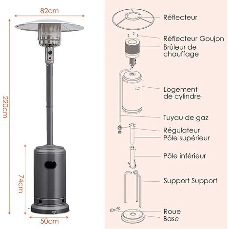COSTWAY Parasol Chauffage Extérieur à Gaz 13KW Réflecteur 82cm Avec Dispositif De Anti-basculement Tube 2 Roues Fluide 220cm Argenté 6 COSTWAY Parasol Chauffage Extérieur à Gaz 13KW Réflecteur 82cm Avec Dispositif De Anti-basculement Tube 2 Roues Fluide 220cm Argenté – Image 4