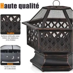 COSTWAY Brasero Jardin Hexagonal 66 Cm En Acier Avec Couvercle En Maille Et Tisonnier Gril Ignifuge Chauffage Véranda Terrasse Noir -Chauffage d'extérieur Soldes 51282423 3
