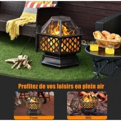 COSTWAY Brasero Jardin Hexagonal 66 Cm En Acier Avec Couvercle En Maille Et Tisonnier Gril Ignifuge Chauffage Véranda Terrasse Noir -Chauffage d'extérieur Soldes 51282423 4