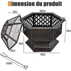 COSTWAY Brasero Jardin Hexagonal 66 Cm En Acier Avec Couvercle En Maille Et Tisonnier Gril Ignifuge Chauffage Véranda Terrasse Noir -Chauffage d'extérieur Soldes 51282423 5