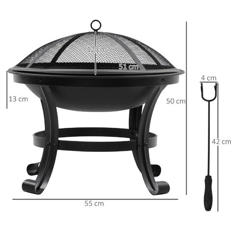 Outsunny Brasero Boule De Feu Cheminée Foyer Extérieur Ø 55 X 50H Cm Grille à Charbon Couvercle Tisonnier Acier Noir - Noir 5 Outsunny Brasero Boule De Feu Cheminée Foyer Extérieur Ø 55 X 50H Cm Grille à Charbon Couvercle Tisonnier Acier Noir - Noir – Image 3