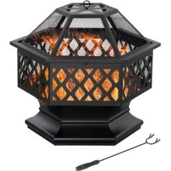 Outsunny Brasero Cheminée Foyer Extérieur Hexagonal En Acier Pare-étincelles Avec Tisonnier Dim. 70L X 70l X 58H Cm - Noir - Noir