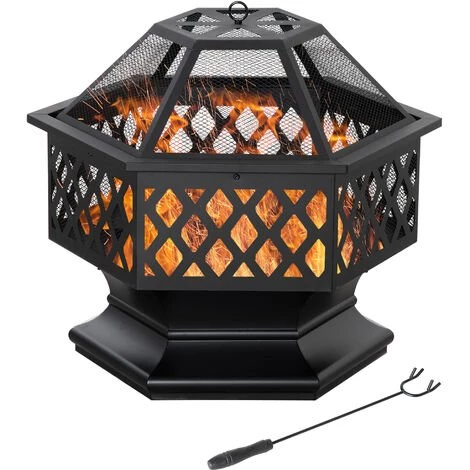 Outsunny Brasero Cheminée Foyer Extérieur Hexagonal En Acier Pare-étincelles Avec Tisonnier Dim. 70L X 70l X 58H Cm - Noir - Noir 3 Outsunny Brasero Cheminée Foyer Extérieur Hexagonal En Acier Pare-étincelles Avec Tisonnier Dim. 70L X 70l X 58H Cm - Noir - Noir