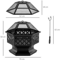 Outsunny Brasero Cheminée Foyer Extérieur Hexagonal En Acier Pare-étincelles Avec Tisonnier Dim. 70L X 70l X 58H Cm - Noir - Noir 8 Outsunny Brasero Cheminée Foyer Extérieur Hexagonal En Acier Pare-étincelles Avec Tisonnier Dim. 70L X 70l X 58H Cm - Noir - Noir -Chauffage d'extérieur Soldes 53591951 2