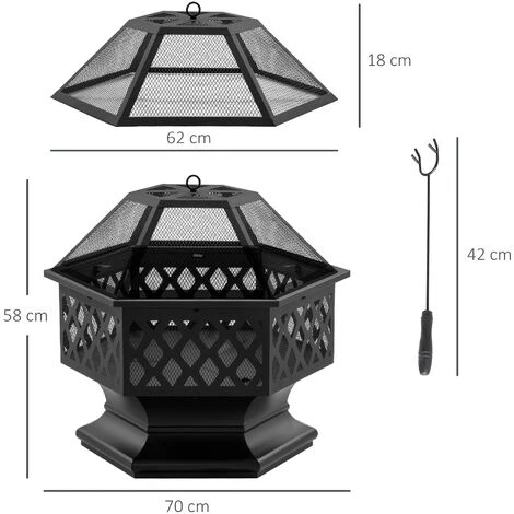 Outsunny Brasero Cheminée Foyer Extérieur Hexagonal En Acier Pare-étincelles Avec Tisonnier Dim. 70L X 70l X 58H Cm - Noir - Noir 4 Outsunny Brasero Cheminée Foyer Extérieur Hexagonal En Acier Pare-étincelles Avec Tisonnier Dim. 70L X 70l X 58H Cm - Noir - Noir – Image 2