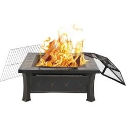 AICOK Brasero De Jardin,Foyer De Chauffage,Terrasse BBQ,Brasero Barbecue,avec 304 Grill En Acier Inoxydable,Couvercle De Protection Contre Les Étincelles, Fête/Patio/Camp,Carré,81*81*51cm