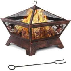 AICOK Braséro Exterieur Terrasse, Brasero Barbecue, Brasero De Jardin, Chauffage Foyer, Avec Pare-Étincelles & Fourchette à Feu, Motif Rétro étoile à Cinq Branches, Pour Une Fete Patio Cour, 62 X 62 X 54 Cm