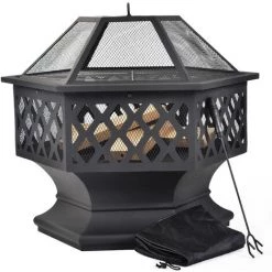 MERAX Brasero De Jardin Acier Rond 70 X 70 X 58cm Foyer Extérieur En Métal Cour Foyer Poêle Brasero Avec Couvercle + Poker + BBQ Grill -Chauffage d'extérieur Soldes 54251632 2
