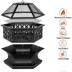 MERAX Brasero De Jardin Acier Rond 70 X 70 X 58cm Foyer Extérieur En Métal Cour Foyer Poêle Brasero Avec Couvercle + Poker + BBQ Grill -Chauffage d'extérieur Soldes 54251632 3