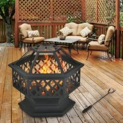 MERAX Brasero De Jardin Acier Rond 70 X 70 X 58cm Foyer Extérieur En Métal Cour Foyer Poêle Brasero Avec Couvercle + Poker + BBQ Grill -Chauffage d'extérieur Soldes 54251632 5