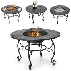 COSTWAY Brasero Exterieur Rond 4 En 1 Avec Grille De Cuisson Ø 44cm Grille En Bois Couvercle Pare-étincelles Et Tisonnier Terrasse -Chauffage d'extérieur Soldes 54816770 2