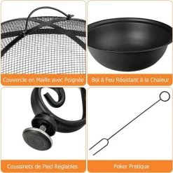 COSTWAY Brasero Exterieur Rond 4 En 1 Avec Grille De Cuisson Ø 44cm Grille En Bois Couvercle Pare-étincelles Et Tisonnier Terrasse -Chauffage d'extérieur Soldes 54816770 3