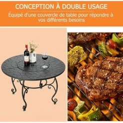 COSTWAY Brasero Exterieur Rond 4 En 1 Avec Grille De Cuisson Ø 44cm Grille En Bois Couvercle Pare-étincelles Et Tisonnier Terrasse -Chauffage d'extérieur Soldes 54816770 4