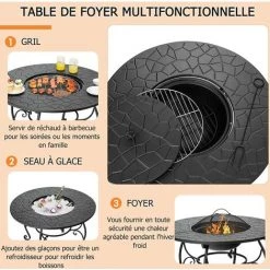 COSTWAY Brasero Exterieur Rond 4 En 1 Avec Grille De Cuisson Ø 44cm Grille En Bois Couvercle Pare-étincelles Et Tisonnier Terrasse -Chauffage d'extérieur Soldes 54816770 5