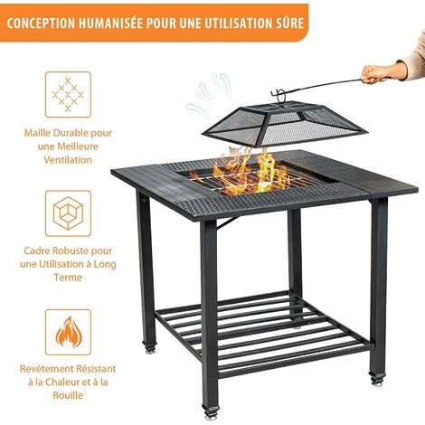 COSTWAY Brasero Exterieur Carré 4 En 1 Avec Grille De Cuisson Grille à Bûches Couvercle En Maille Et Tisonnier 79 X 79 X 78 Cm 7 COSTWAY Brasero Exterieur Carré 4 En 1 Avec Grille De Cuisson Grille à Bûches Couvercle En Maille Et Tisonnier 79 X 79 X 78 Cm – Image 5